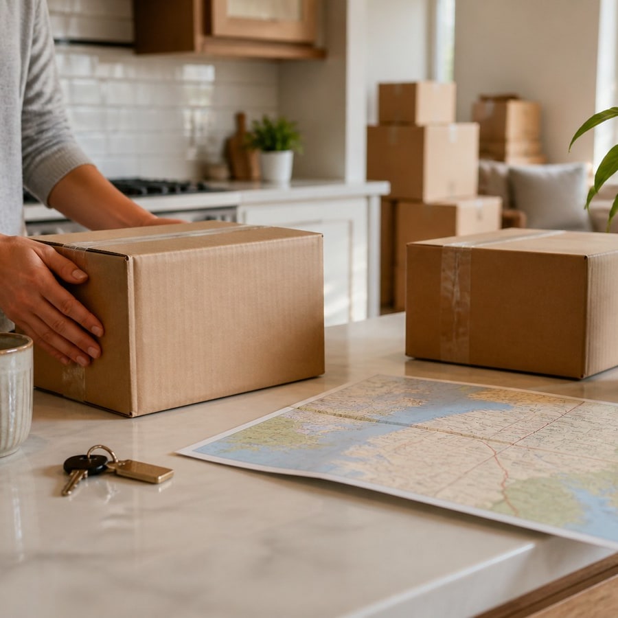 Moving boxes, keys and a map arranged for relocation planning