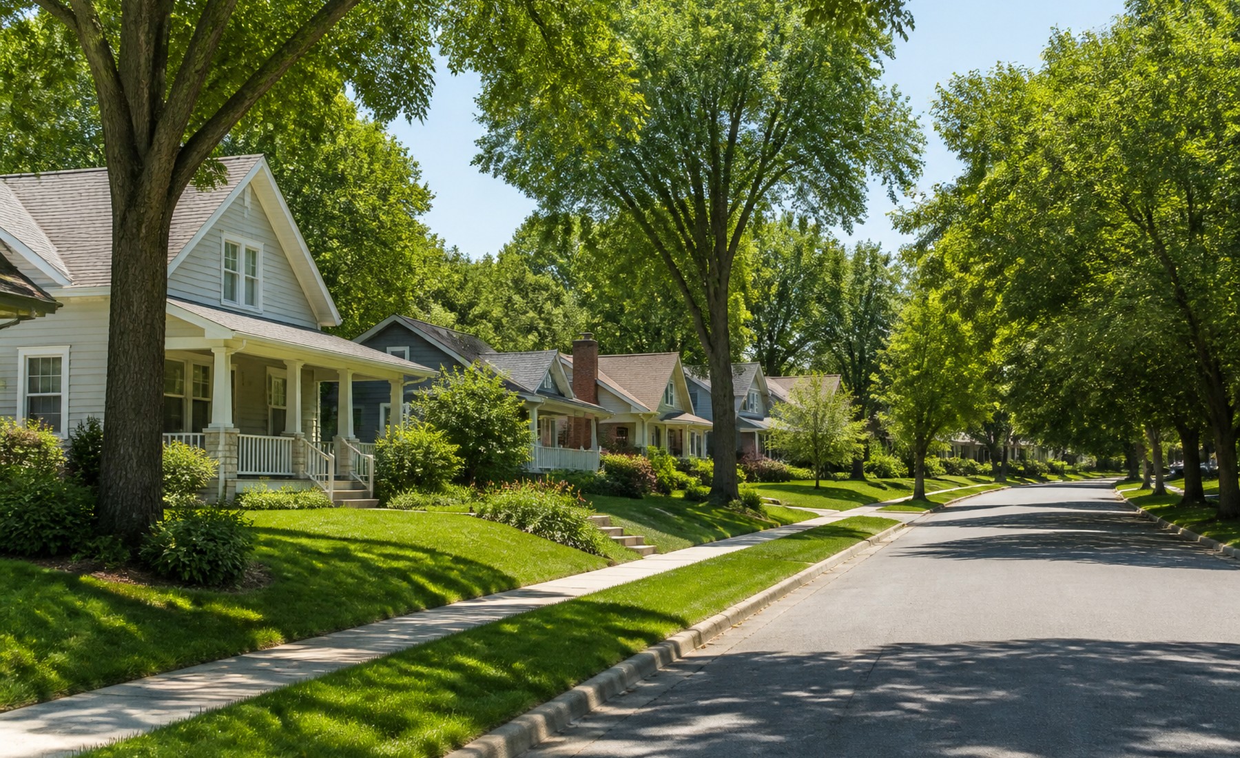 Tree-lined neighborhood representative of western Missouri communities