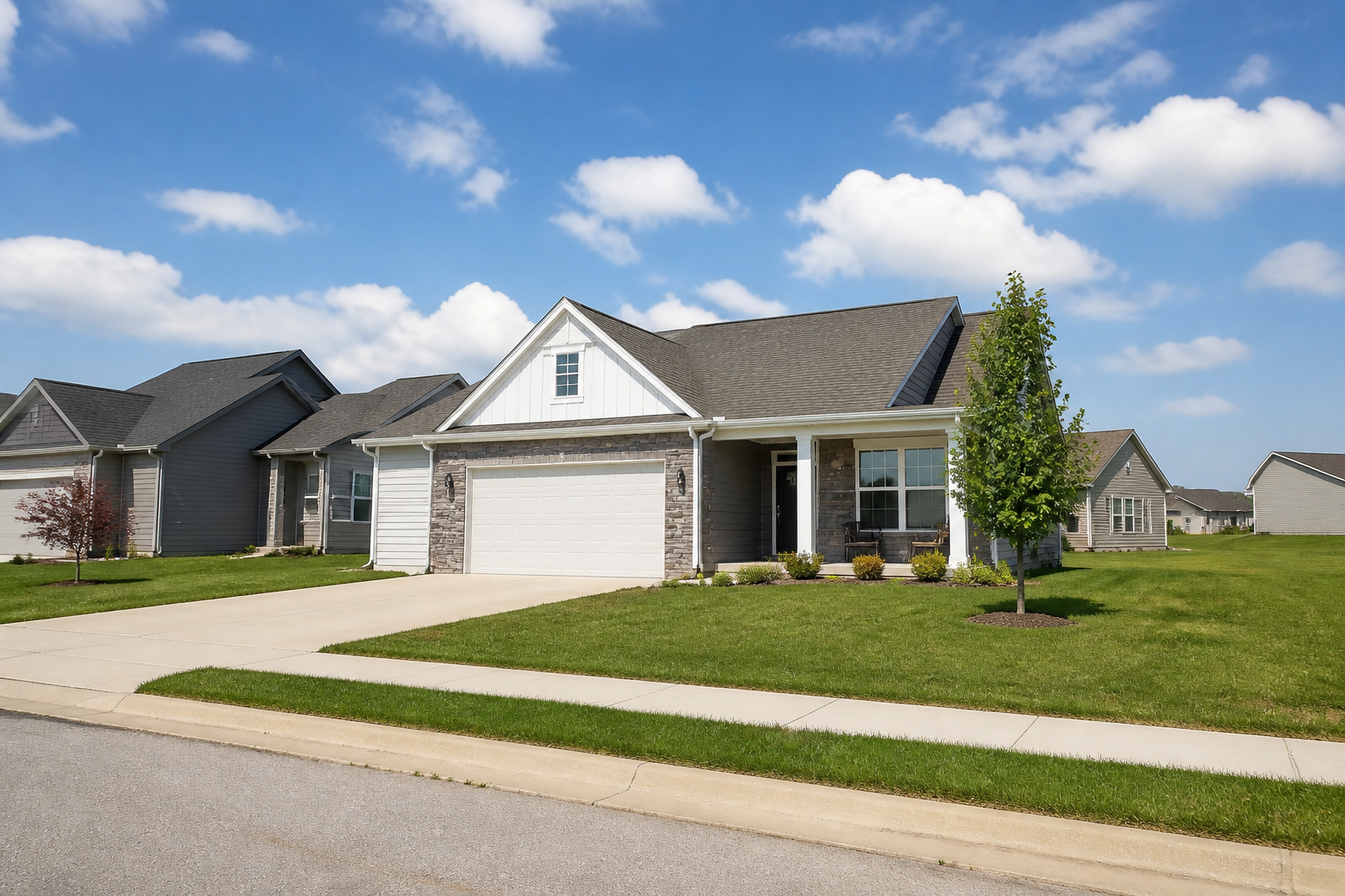 Photorealistic, non-identifiable newer ranch residence representing a Grain Valley neighborhood setting.