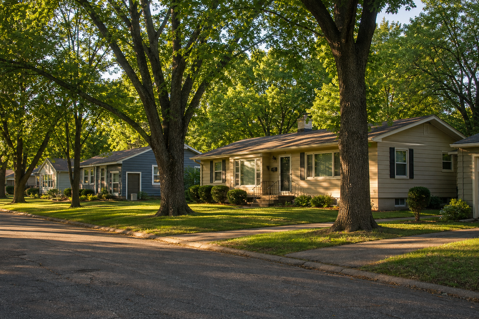 Photorealistic, non-identifiable mid-century residence on a mature-tree Independence neighborhood street.