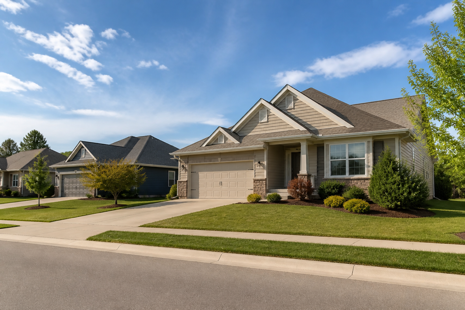 Photorealistic, non-identifiable newer suburban residence representing a Lee's Summit neighborhood setting.