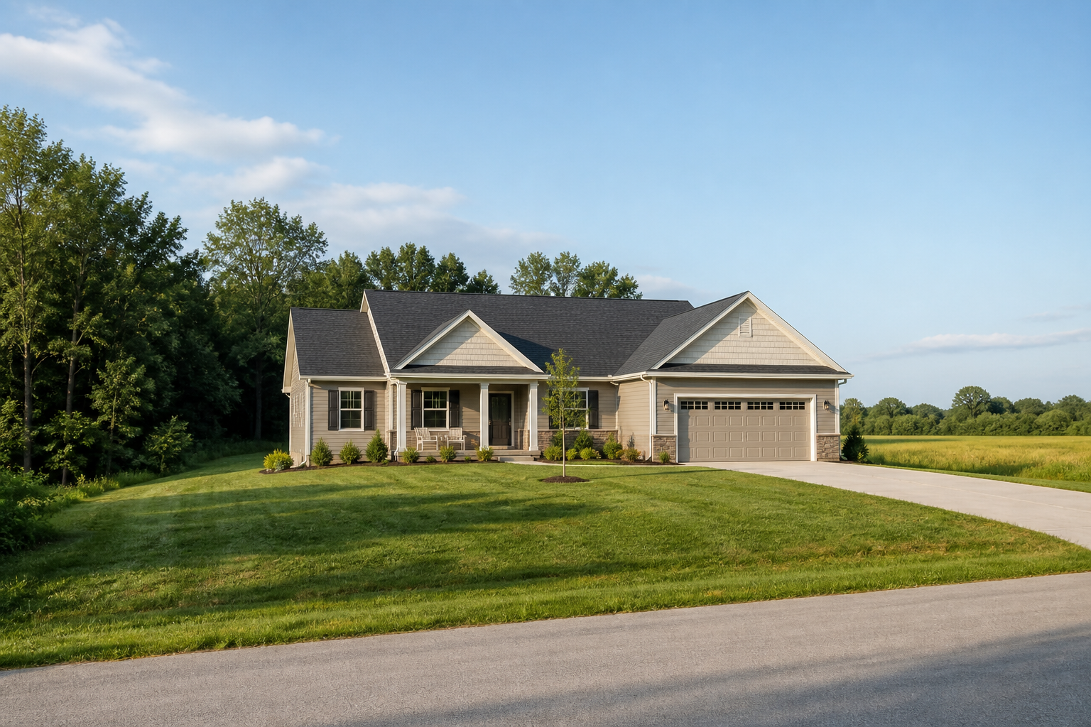 Photorealistic, non-identifiable residence on a generous lot at the rural edge of Lone Jack.