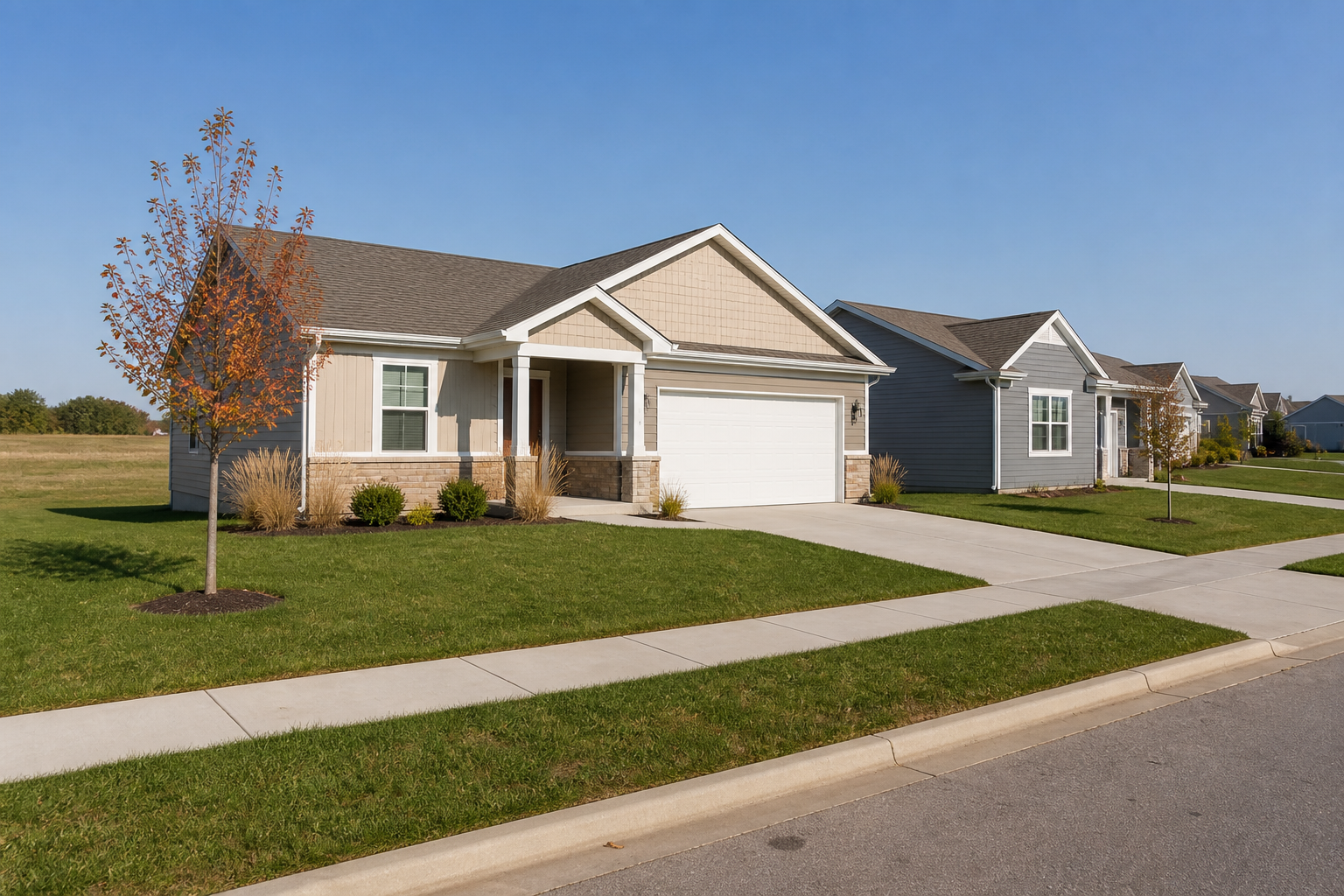 Photorealistic, non-identifiable newer ranch residence at the small-city edge of Oak Grove.