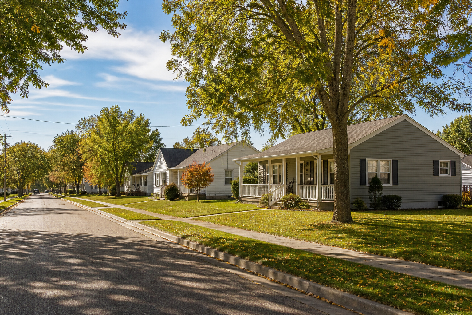 Photorealistic, non-identifiable bungalow on a mature-tree residential street in Odessa.