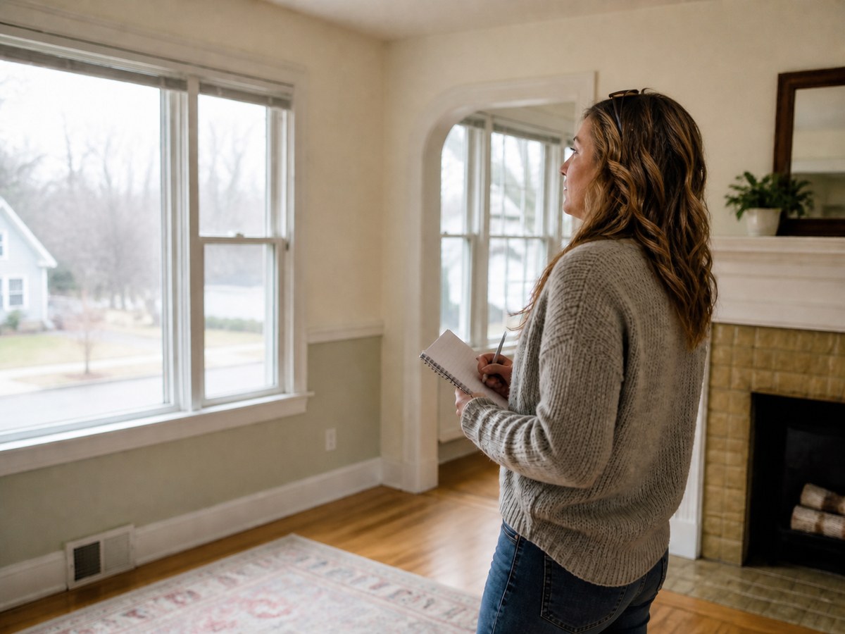 Woman taking notes while viewing a living room