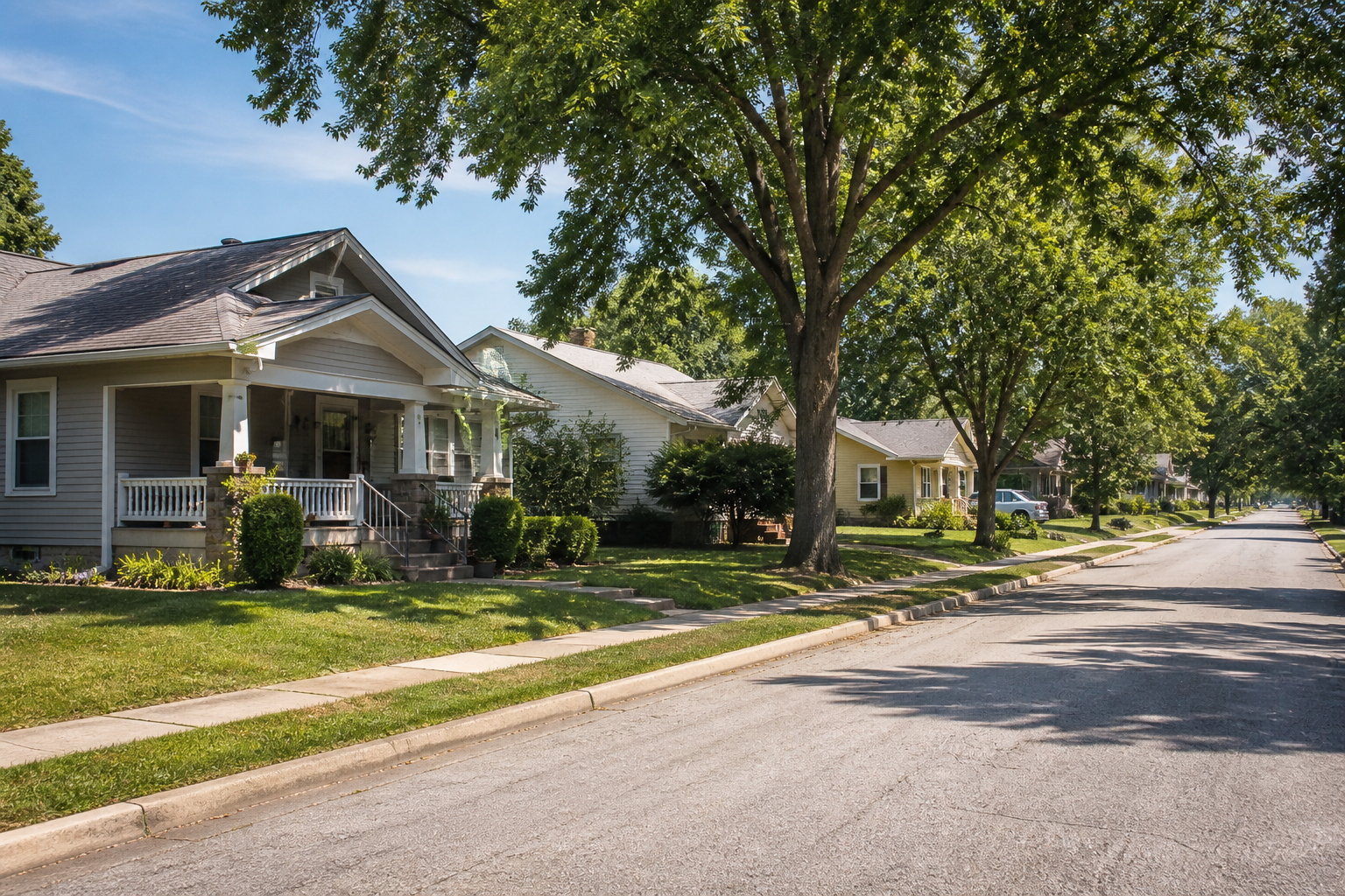 Photorealistic, non-identifiable bungalow on a shaded established street in Pleasant Hill.