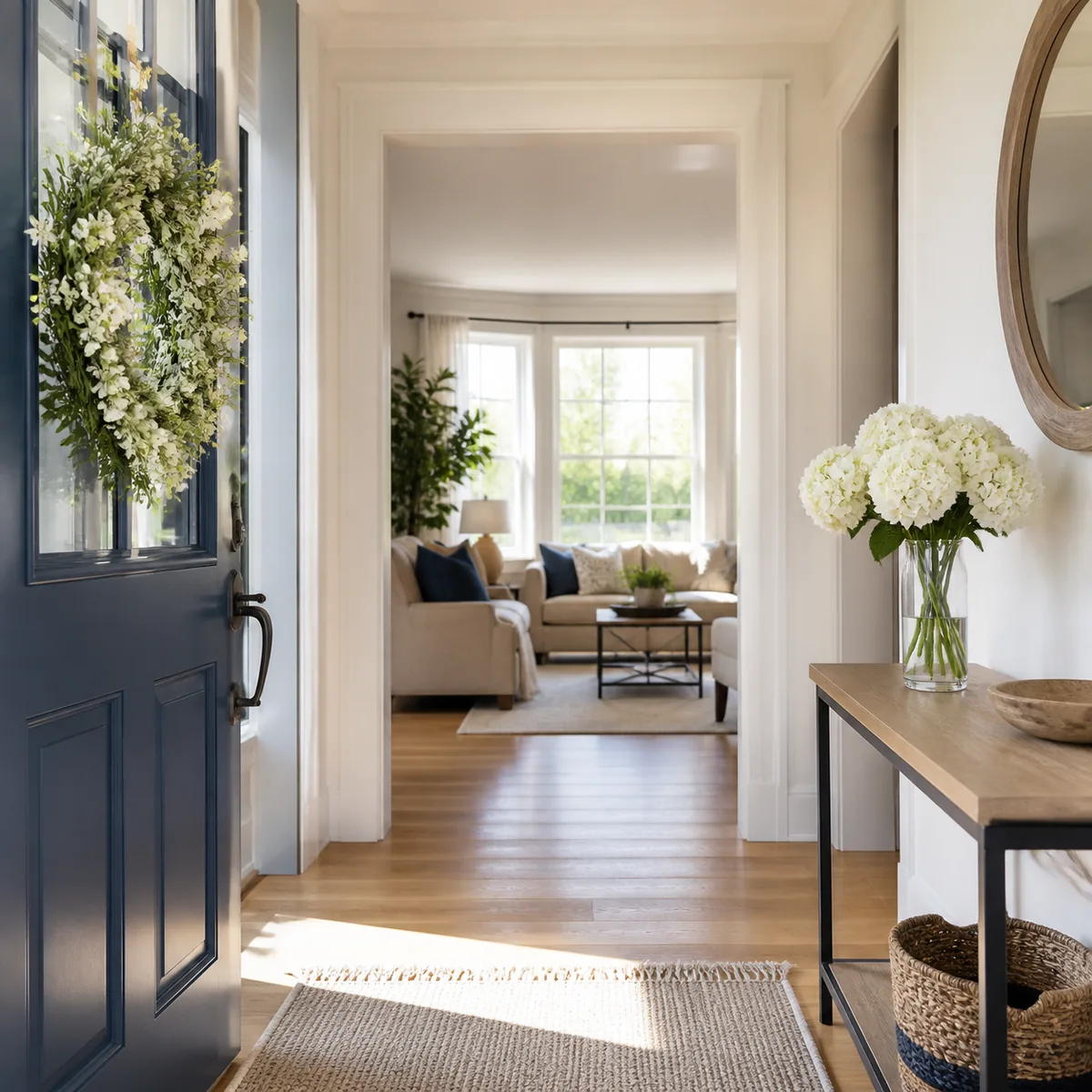 Prepared home entry welcoming potential buyers to an open house
