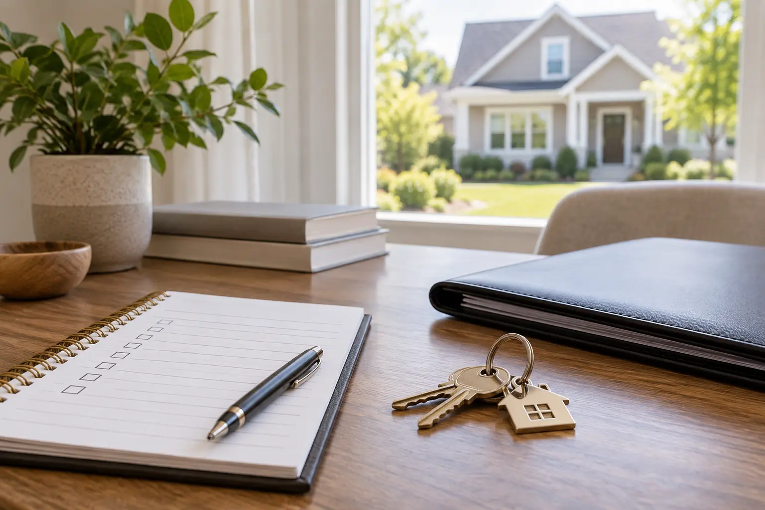 House keys, a planning checklist and a document folder for the home buying process.