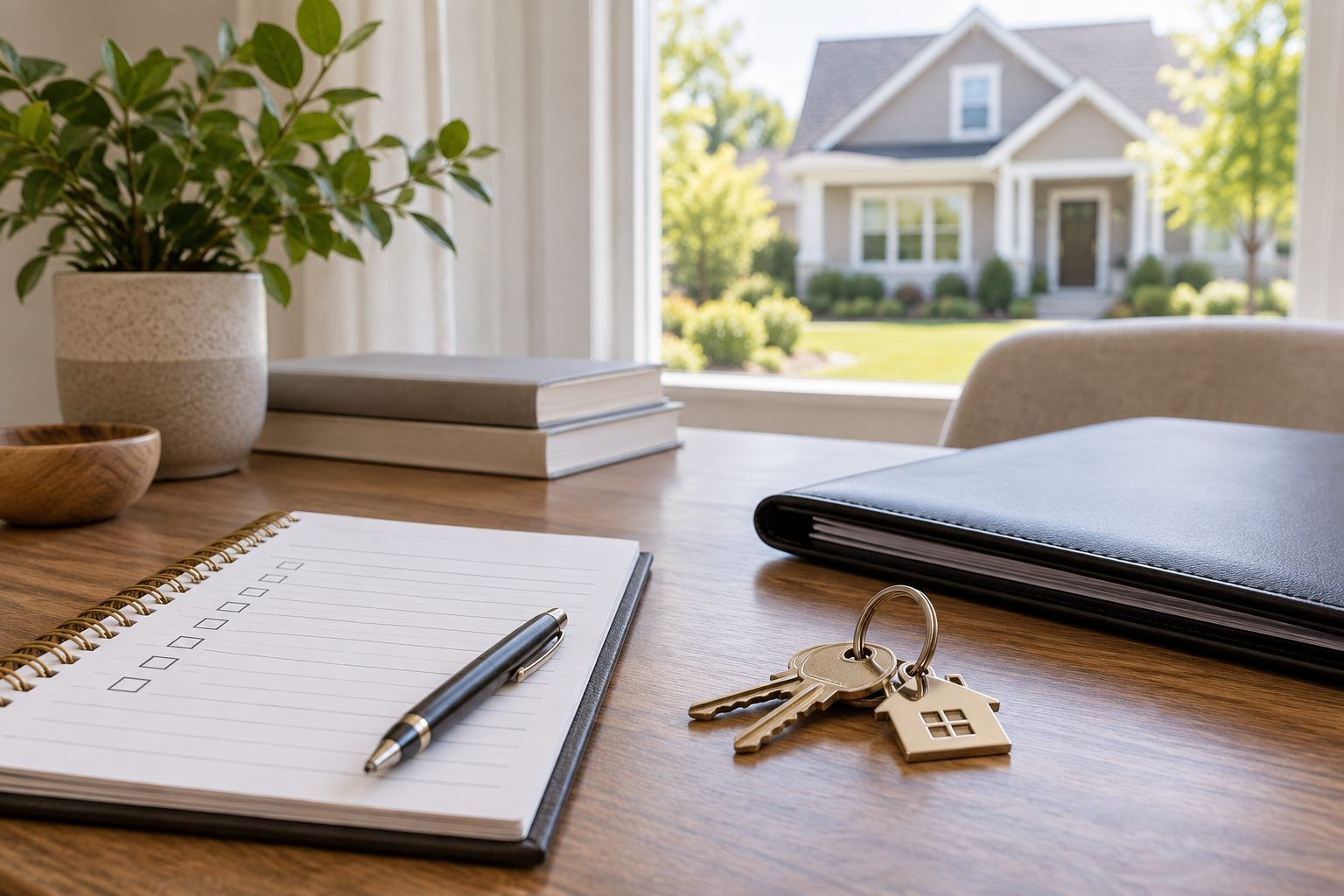 House keys, a planning checklist and a document folder for the home buying process.