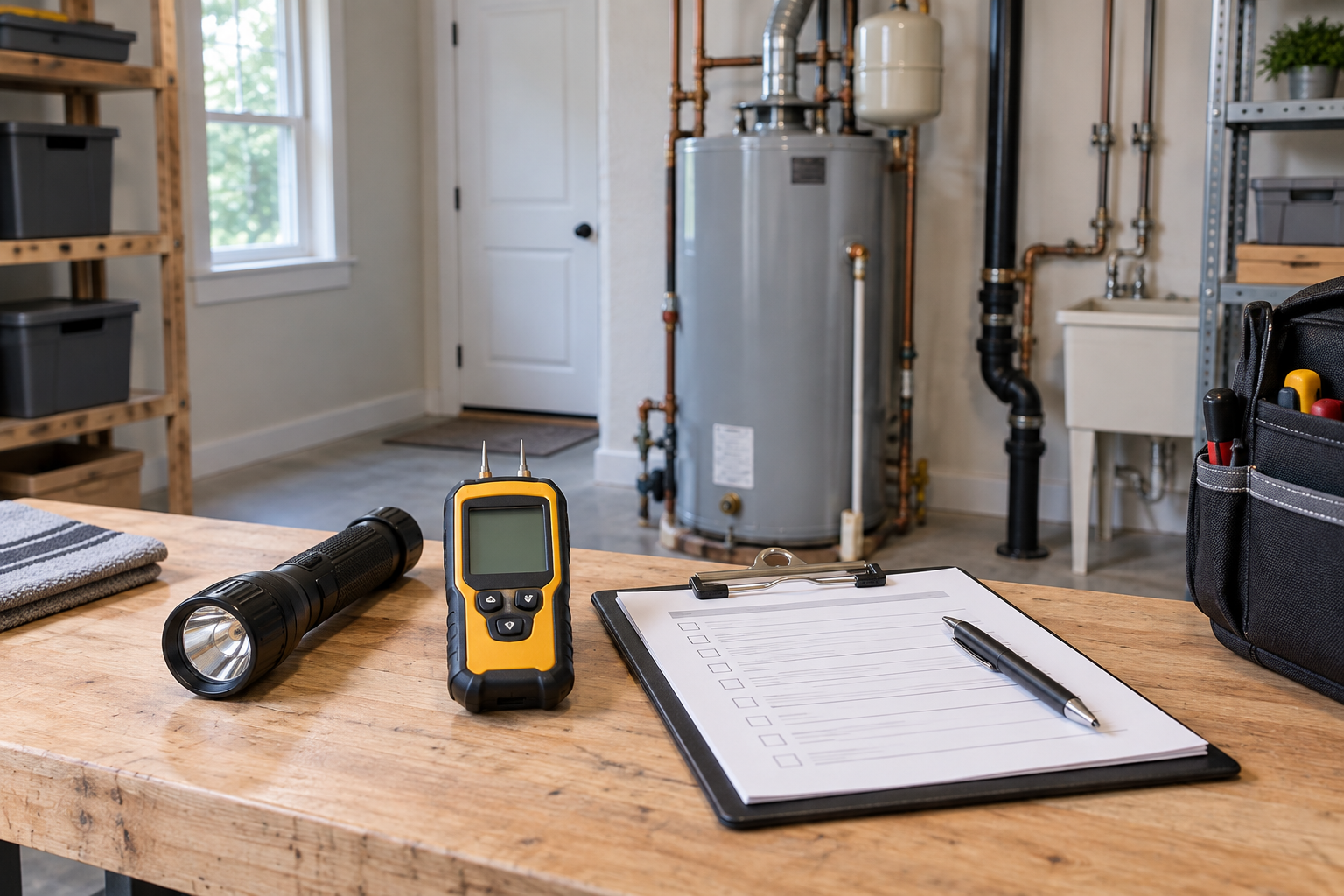 Flashlight, moisture meter and inspection clipboard in a residential utility room.