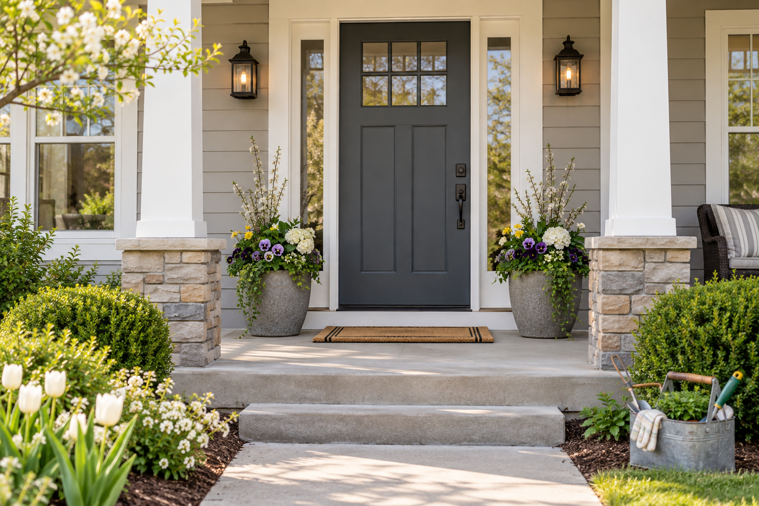 Clean front porch with spring flowers and garden tools for preparing a home to sell.