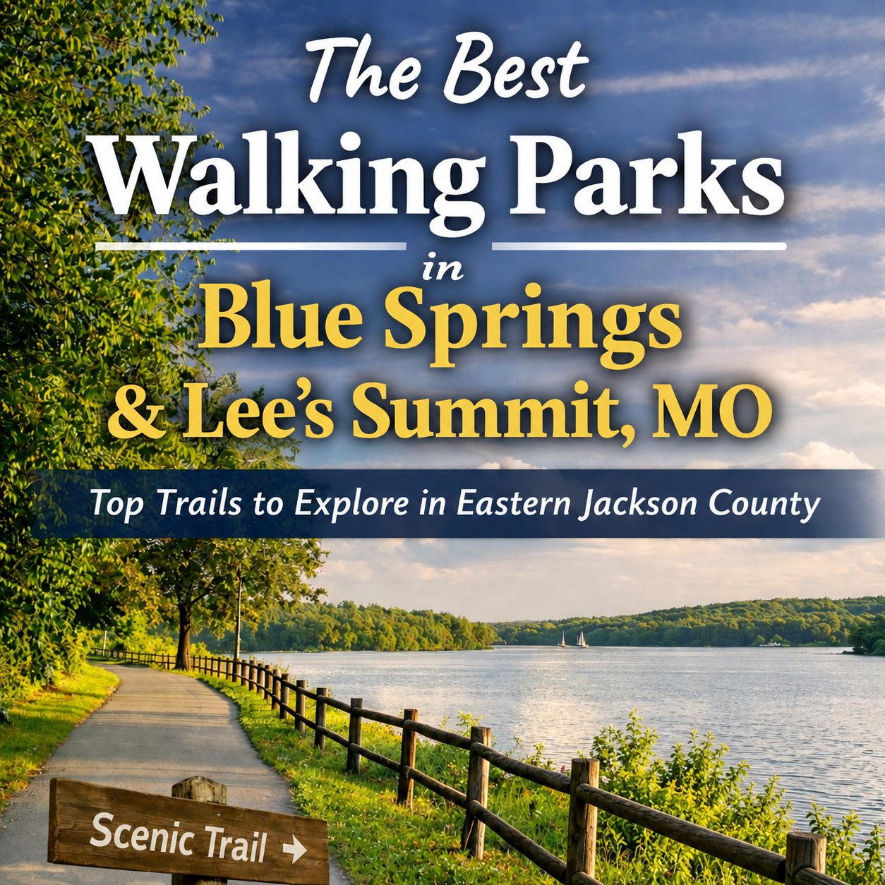 Walking parks guide graphic with a lakeside path in Blue Springs and Lee's Summit.