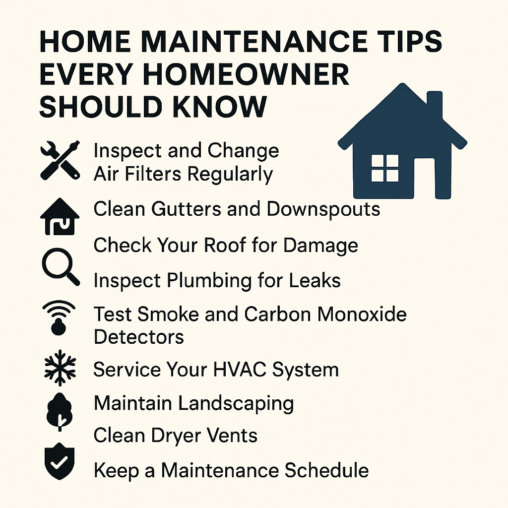 Home maintenance checklist covering filters, gutters, roof, plumbing, detectors and landscaping.