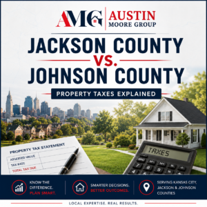 Jackson and Johnson County property tax graphic with a tax statement, calculator and house.