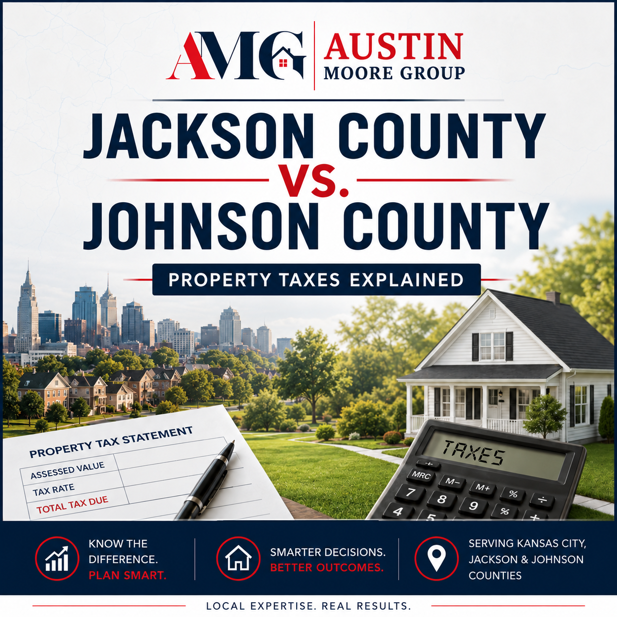 Jackson and Johnson County property tax graphic with a tax statement, calculator and house.