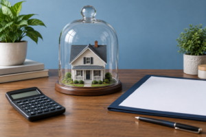 House model under a protective glass dome beside a policy folder and calculator.