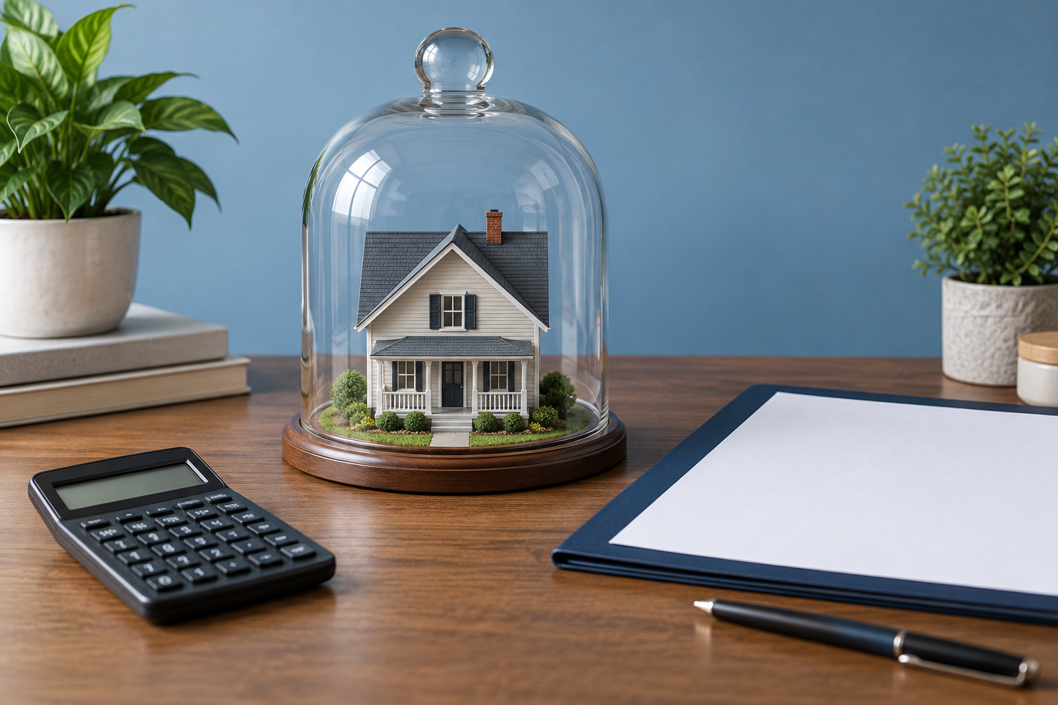 House model under a protective glass dome beside a policy folder and calculator.