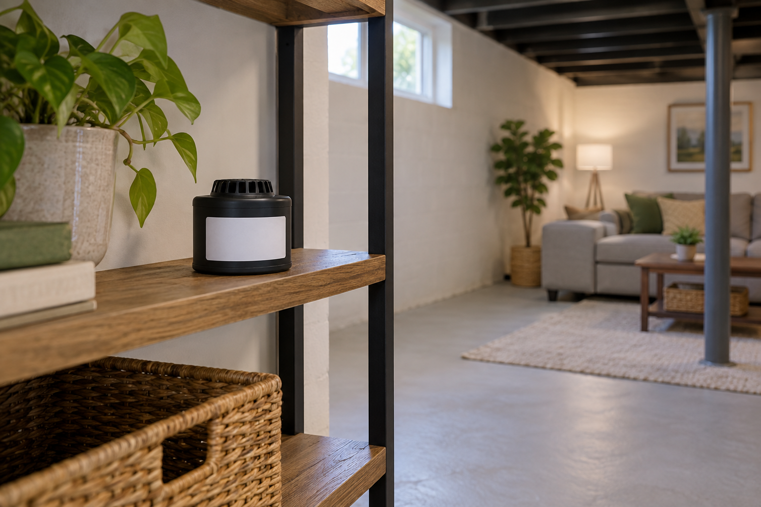 Illustration of a radon testing canister on a shelf in a basement.