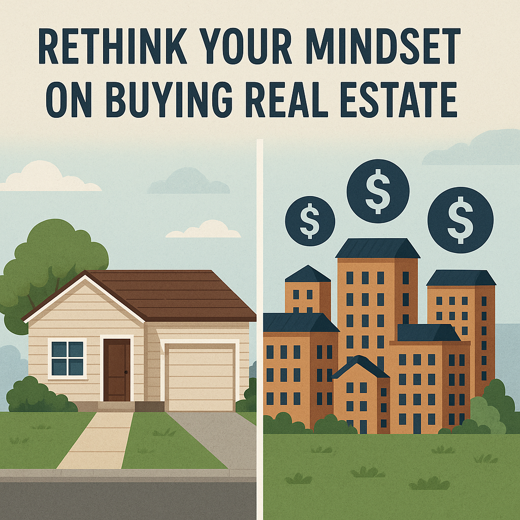 Real estate investment illustration comparing a house with rental buildings.