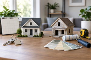 Completed and renovation house models with keys, a calendar and renovation tools.