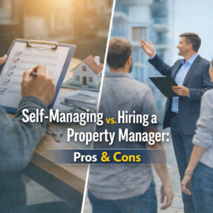 Self-management versus hiring a property manager comparison graphic.