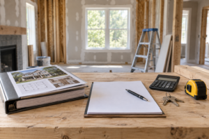 Renovation binder, financing paperwork, calculator and measuring tape at a project site.