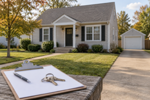 Illustrative rental house with an evaluation clipboard and keys.