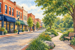 Watercolor illustration of a small-town main street and leafy park for a Warrensburg local guide.
