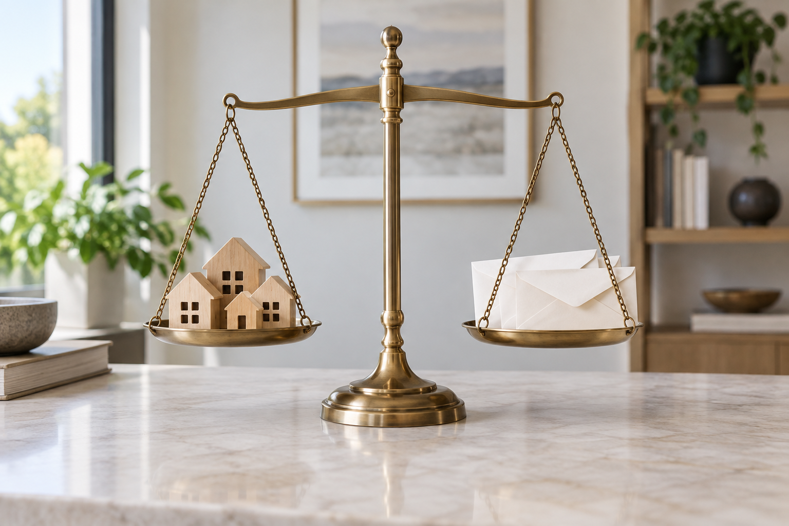 Wooden houses and offer envelopes balanced on a scale to illustrate market conditions.