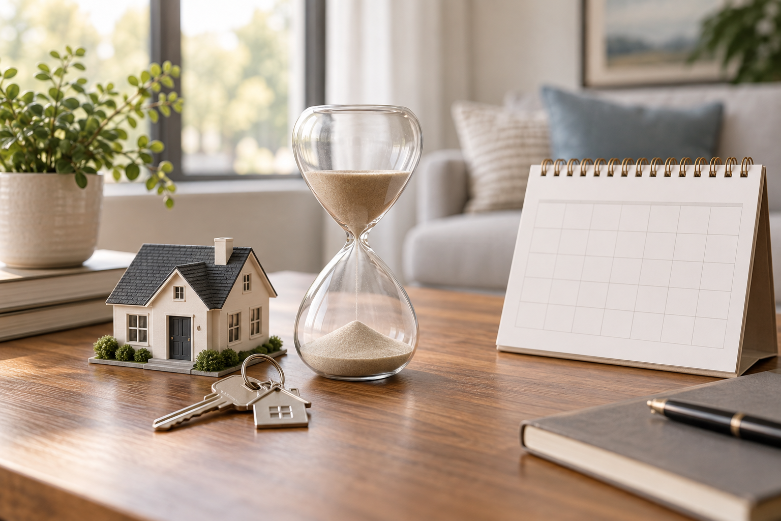 House model, keys, hourglass and calendar illustrating the decision to buy now or wait.