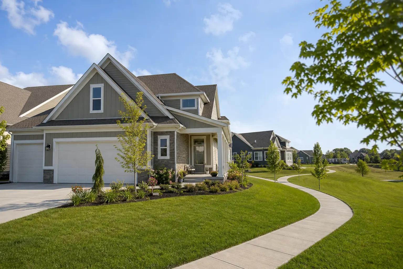 Photorealistic, non-identifiable newer residence beside a curved sidewalk in a Raymore neighborhood.